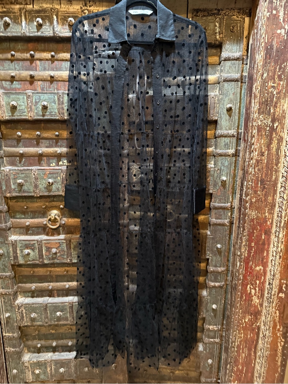 Sheer Black ZARA organza Polka Dot Duster silk collared dress  beach cover up